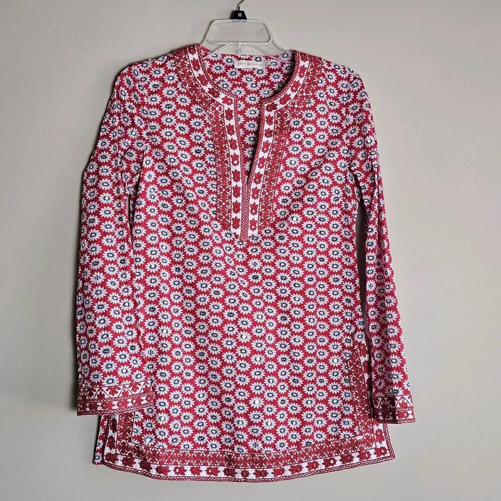 Tory Burch Jayne Nantucket Red Daisy Floral Embroidered Cotton Tunic Womens Sz 2